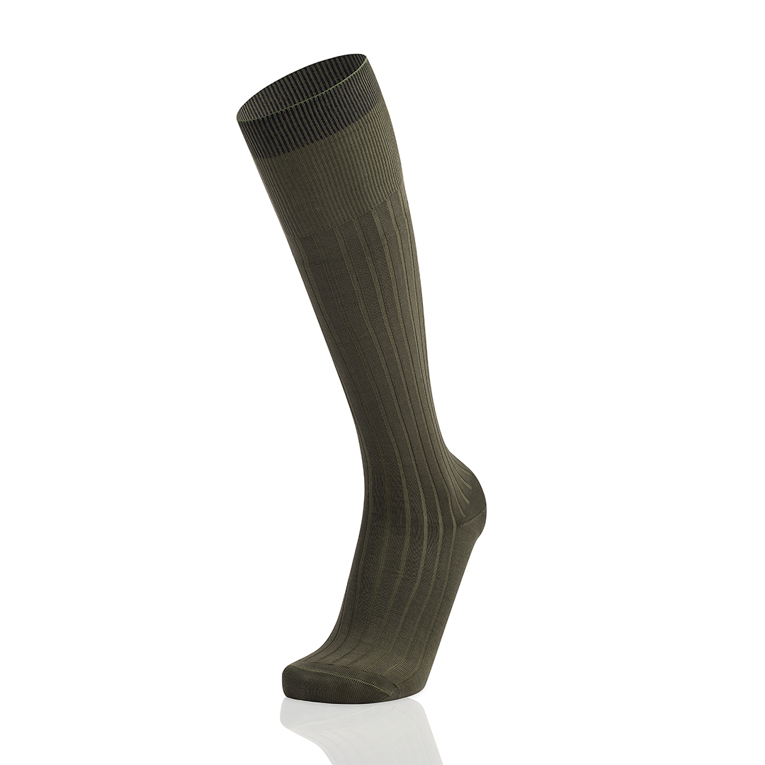 Meias Homem High Knee Canalé Olive Green Fil D’Ecosse